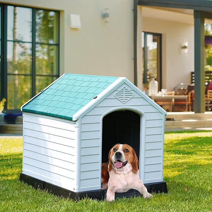 YITAHOME 34.5'' Large Plastic Dog House Outdoor Indoor Doghouse Puppy Shelter Water Resistant Easy Assembly Sturdy Dog Kennel with Air Vents and Elevated Floor (34.5''L*30.9''W*32''H, Blue)