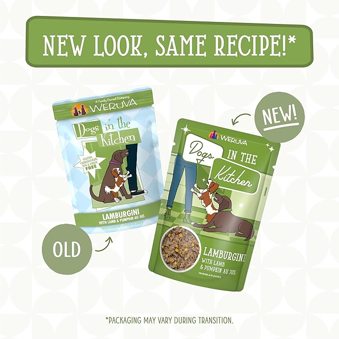 Weruva Dogs in The Kitchen, Lamburgini with Lamb & Pumpkin Au Jus Dog Food, 2.8oz Pouch (Pack of 12), Green
