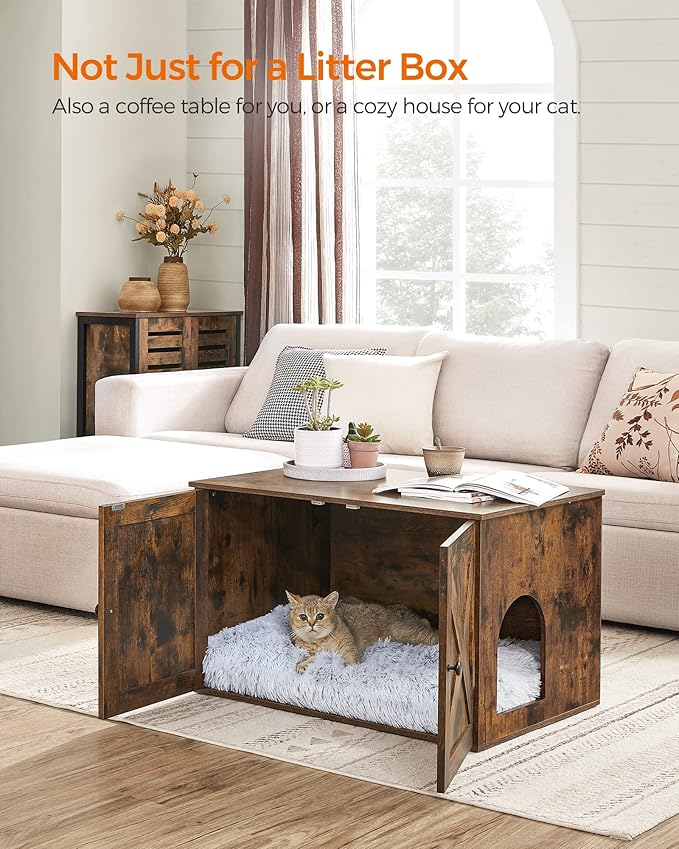 Feandrea Cat Litter Box Enclosure, Litter Box Furniture Hidden with Removable Divider, Indoor Cat House, End Table, 31.5 x 20.9 x 19.7 Inches, Rustic Brown UPCL002X01