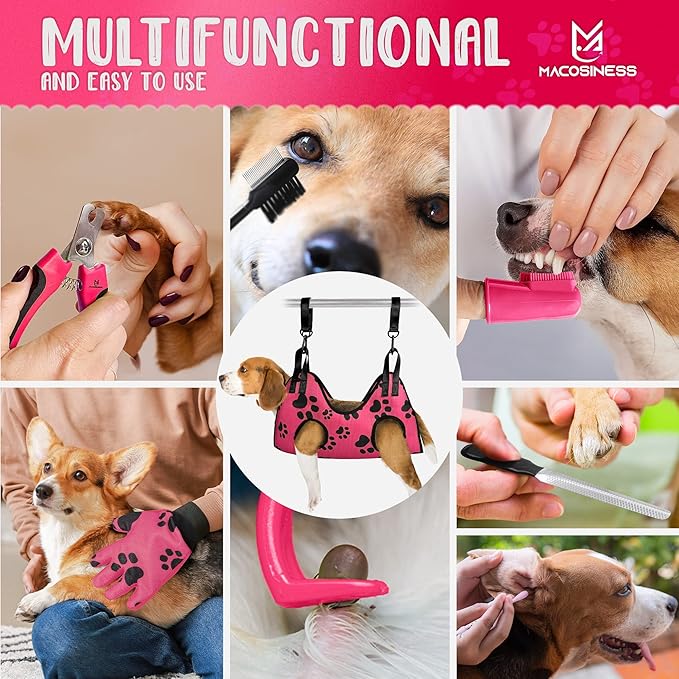 Pet Grooming Hammock for Nail Trimming - Complete Groomers Helper Set for Pet - Dog Grooming Hammock with Hook - Cat Nail Clipper - Dog Hammock for Nail Clipping (M, Pink with black paws)