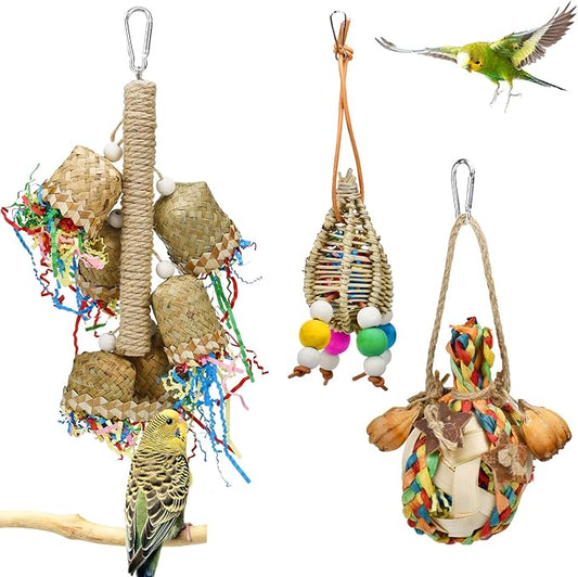 3pcs Parrot Chewing Rattan Corn Husk Toys Handmade Bamboo Palm Leaf Toys Budgie Foraging Toys Small Bird Hanging Swing Shredder Toys for Birds Parakeet Cockatiel Love Birds