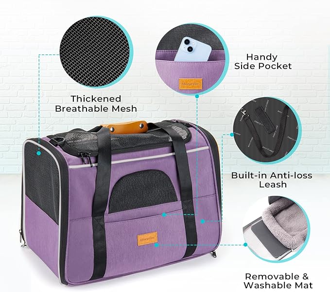 Morpilot Portable Cat Carrier - Soft Sided Cat Carrier for Medium Cats and Puppy up to 15lbs, Pet Carrier with Locking Safety Zippers, Foldable Bowl, Airline Approved Travel Dog Carrier - Purple