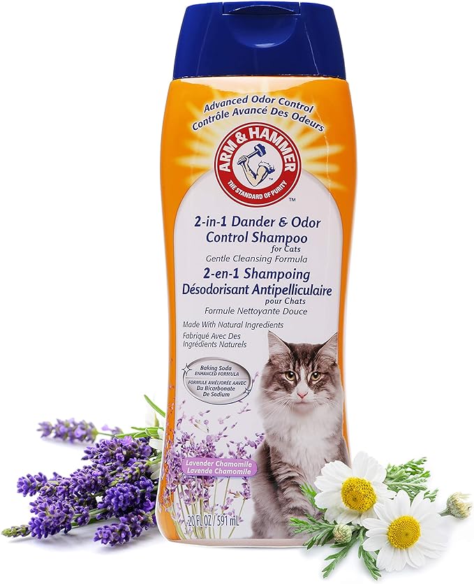 Arm & Hammer 2-in-1 Deodorizing & Dander Reducing Shampoo for Cats, Dander Remover for Dander and Odors, Baking Soda Moisturizes and Deodorizes, Lavender Chamomile Scent, 20 Fl Oz (Pack of 1)