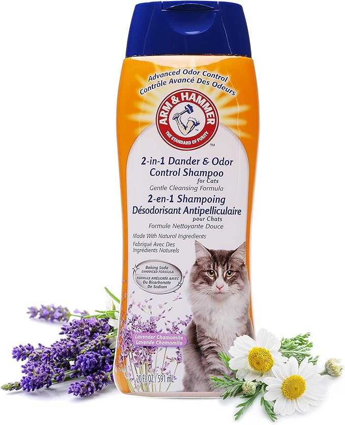 Arm & Hammer 2-in-1 Deodorizing & Dander Reducing Shampoo for Cats Cat Dander and Cat Odor Remover Baking Soda Moisturizes and Deodorizes, Lavender Chamomile Scent, 20 Fl Oz - (Pack of 6)