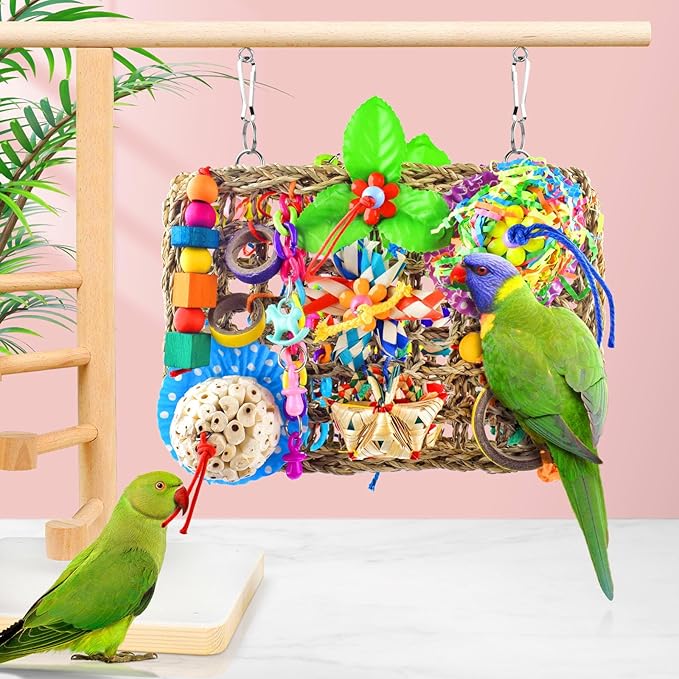 KATUMO Parrot Toys, Large-Sized Bird Shredder Wall Mat Parakeet Foraging Hanging Toys Conure Climb Toy Cockatiel Sola Ball Toys for Small-Medium Birds