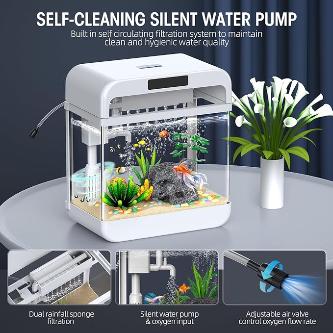 Fish Tank Aquarium 2.2 Gallon with Adjustable 3 Color Lighting Self Cleaning 3 in 1 Pump with Filteration, Oxygenation, Water Circulation Triple Function, HD Float Glass, Leak-Proof Thickened Base