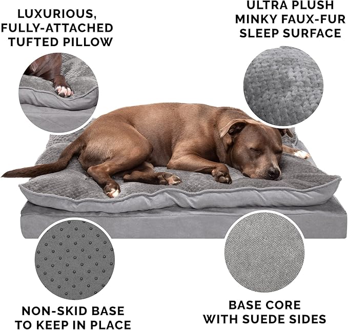 Furhaven Orthopedic Dog Bed for Large/Medium Dogs w/ Pillow Cushion Top & Removable Washable Cover, For Dogs Up to 55 lbs - Minky Plush & Suede Pillow Top Mattress - Titanium Gray, Large