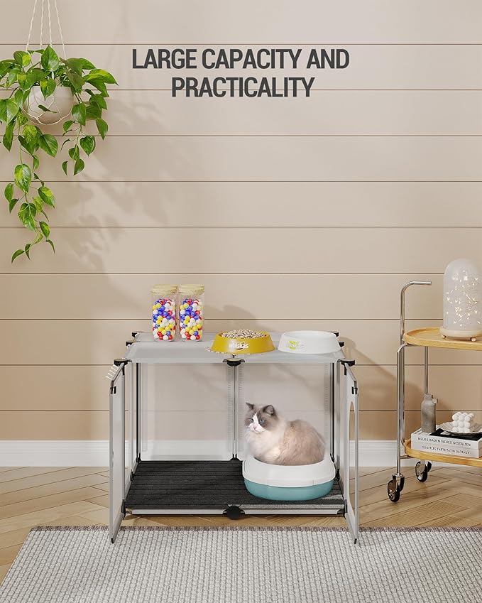 Cat Litter Box Enclosure with Hooks, Plastic Covered Little Box with Mat, Splash Proof Litter Box Furniture, 23.7 x 18.5 x 16.1 inches, End Table for Living Room, Pure White CB81899LW