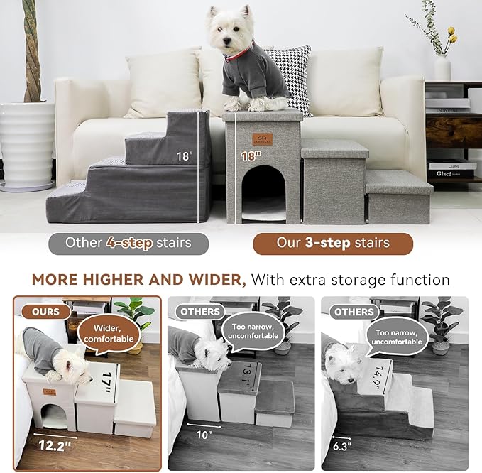 Dog Stairs, Dog Steps for High Beds 17.5"H, Folding Pet Stairs for Small Medium or Large Dogs Puppy with Storage for Bed and Couch, Dog Ramp for Car Hold Up to 200 lbs (Beige Gray, 3 Steps with Condo)