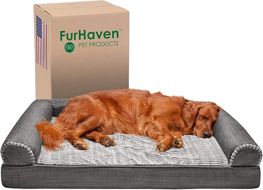 Furhaven Memory Foam Dog Bed for Large Dogs w/ Removable Bolsters & Washable Cover, For Dogs Up to 95 lbs - Luxe Faux Fur & Performance Linen Sofa - Charcoal, Jumbo/XL
