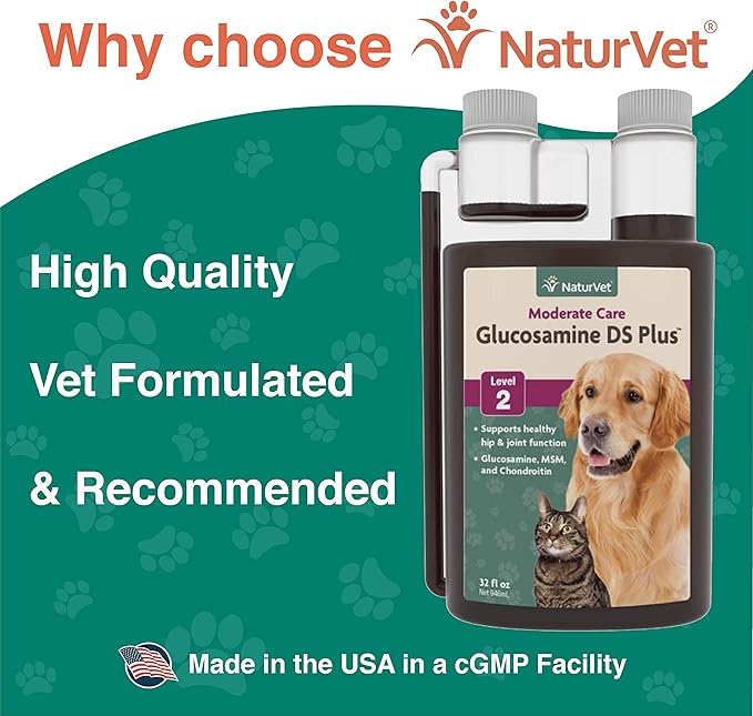 NaturVet Glucosamine DS Plus Hip & Joint Support Liquid Pet Supplement – Level 2 Moderate Care for Dogs & Cats – Includes Glucosamine, MSM, Chondroitin – 32 Oz