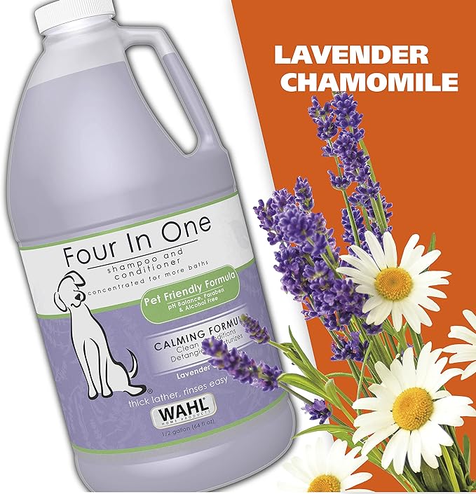 Wahl USA 4-in-1 Calming Pet Shampoo for Dogs – Cleans, Conditions, Detangles, & Moisturizes with Lavender Chamomile - Pet Friendly Formula – 64 Oz - Model 821000-050