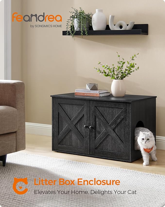 Feandrea Cat Litter Box Enclosure, Litter Box Furniture Hidden with Removable Divider, Indoor Cat House, End Table, 31.5 x 20.9 x 19.7 Inches, Ink Black UPCL002B01