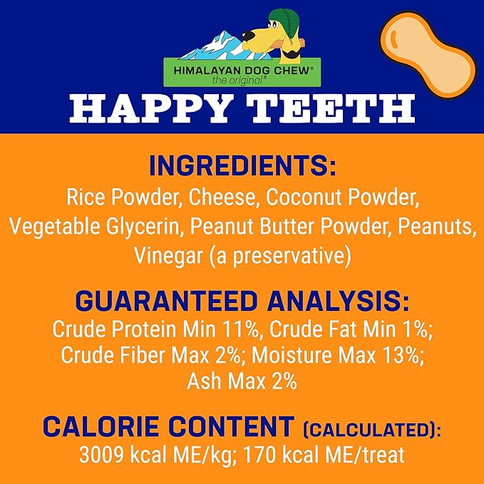 Happy Teeth Natural Cheese Dog Chews | Peanut Butter Flavor | Dental Chew | Protein Rich | Gluten Free - Lactose Free - Wheat Free - Soy Free | 2 Happy Teeth Chews per Resealable Pouch