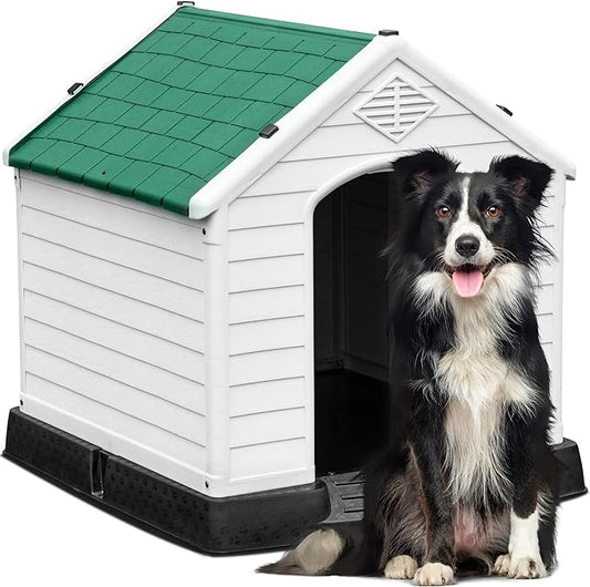 YITAHOME 34.5'' Large Plastic Dog House Outdoor Indoor Doghouse Puppy Shelter Water Resistant Easy Assembly Sturdy Dog Kennel with Air Vents and Elevated Floor (34.5''L*30.9''W*32''H, Green)