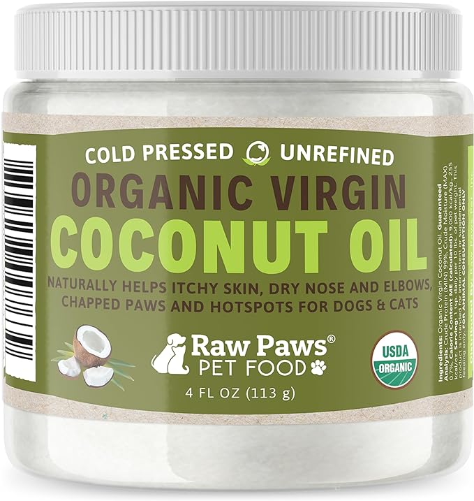 Raw Paws Virgin Organic Coconut Oil for Dogs & Cats, 4-oz - Treatment for Itchy Skin, Dry Nose, Paws - Hot Spot Lotion for Dogs - Natural Hairball Remedy for Dogs