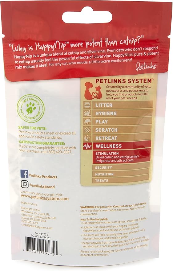 Petlinks HappyNip Silvervine & Catnip Blend, Highly Potent, Resealable Pouch - 0.5 Ounce