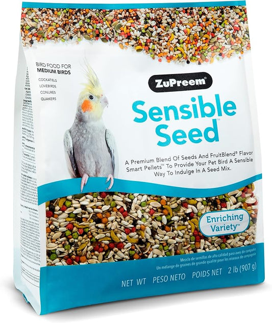 ZuPreem Sensible Seed Bird Food for Medium Birds, 2 lb bag - Premium Blend of Seeds, FruitBlend Pellets for Lovebirds, Quakers, Small Conures, Cockatiels