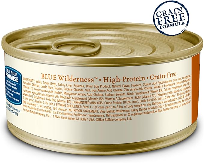 Blue Buffalo Wilderness Natural High-Protein Grain-Free Wet Food for Adult Cats, Turkey Paté, 5.5-oz. Cans, 24 Count