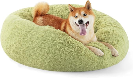 Bedsure Calming Dog Bed for Medium Dogs - Donut Washable Medium Pet Bed, Anti-Slip Round Fluffy Plush Faux Fur Cat Bed, Fits up to 45 lbs Pets, Green, 30 inches