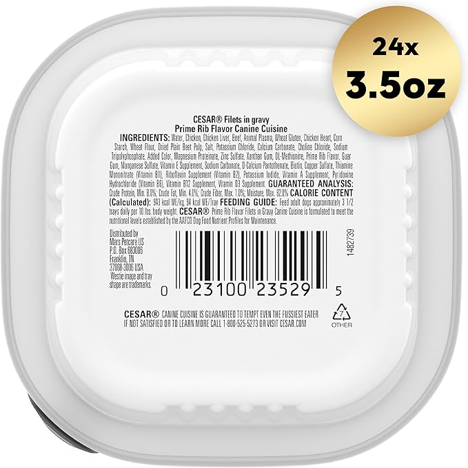 CESAR Filets in Gravy Adult Wet Dog Food, Prime Rib Flavor, 3.5 oz. Easy Peel Trays, Pack of 24