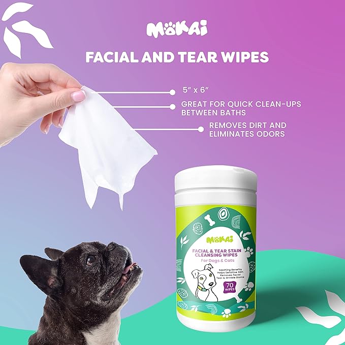 MOKAI Face and Eye Wipes for Dogs and Cats | Soft Fragrance-Free Formula Dog Face Wipes and Dog Eye Wipes Great for Cleansing Wrinkles Removing Saliva Stains and As Dog Eye Stain Remover (60 Wipes)