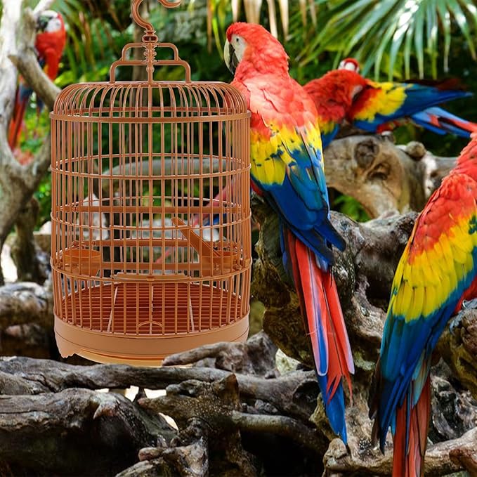 Small Bird Cage Bird Cage Plastic Round Bird Cage with Feeding Bowls and Standing Poles - Hanging Bird Cage for Parakeet Budgie Cockatiel Lovebird Finches Canary - Brown, 10 x 18 Bird Cages