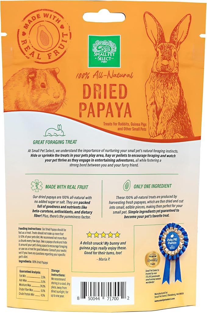 Small Pet Select - Dried Papaya, a Natural Treat for Rabbits, Guinea Pigs, Gerbils, Hamsters, Mice, and Rats, 2oz