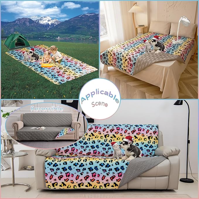 Waterproof Dog Bed Cover 52x82inch Reversible Pad Reusable Camping Mat for Kids/Pet/Dog/Cat Washable Geometric Embroidery Blanket Patchwork Rainbow Leopard Printed+Gray