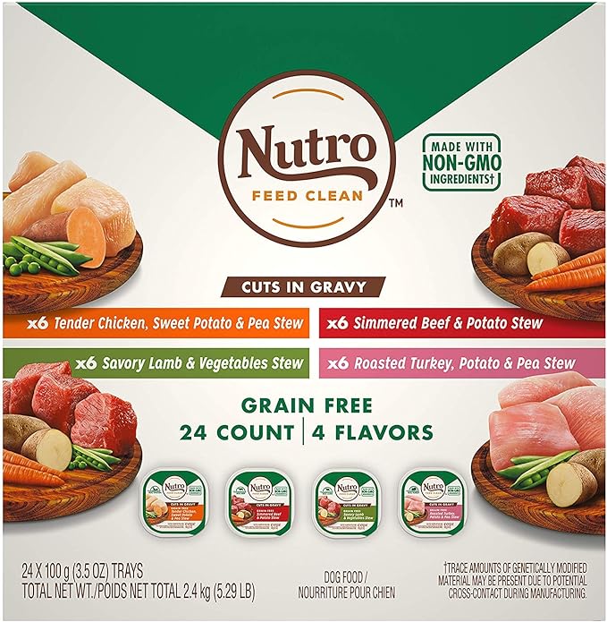 NUTRO Adult Natural Grain Free Wet Dog Food Cuts in Gravy Beef Recipe, Lamb Recipe, Chicken Recipe, and Turkey Recipe Variety Pack, 3.5 oz. Trays (Pack of 24)