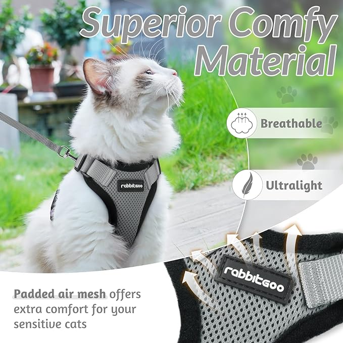 rabbitgoo Cat Harness and Leash for Walking, Escape Proof Soft Adjustable Vest Harnesses for Cats, Easy Control Breathable Reflective Strips Jacket, Grey, XS