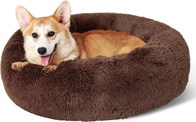 Bedsure Calming Dog Bed for Medium Dogs - Donut Washable Medium Pet Bed, 30 inches Anti-Slip Round Fluffy Plush Faux Fur Cat Bed, Fits up to 45 lbs Pets, Coffee