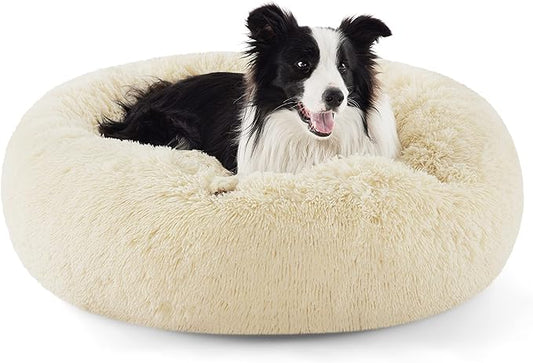 Bedsure Calming Dog Bed for Large Dogs - Donut Washable Large Pet Bed, Anti-Slip Round Fluffy Plush Faux Fur Dog Bed, Fits up to 100 lbs Pets, Oat Milk, 36 inches