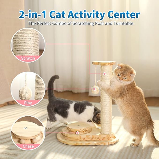 Made4Pets Cat Scratcher, Scratching Post for Indoor Cats with Stable Widen Base, 18.9" Tall Wood Ball Toy with 2-Level Track for Small Kittens, Natural Sisal Rope and Ball for Fun