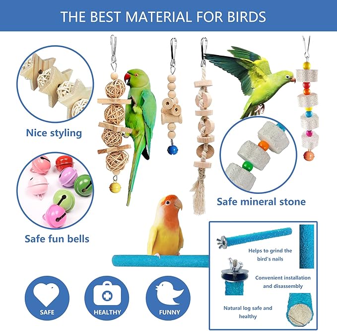 22 Packs Bird Parakeet Cockatiel Toys,Parrot Swing Chewing Hanging Toy with Safe Bells,Bird cage Colorful Climbing Standing Rope Natural Wood Ladder Bungee Toys