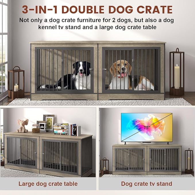 75 Inch Double Dog Crate Furniture for 2 Large Dogs with Trays, 3-in-1 Grey Large Double Dog Kennel TV Stand with Divider