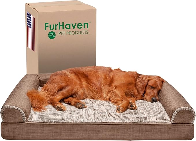 Furhaven Memory Foam Dog Bed for Large Dogs w/ Removable Bolsters & Washable Cover, For Dogs Up to 95 lbs - Luxe Faux Fur & Performance Linen Sofa - Woodsmoke, Jumbo/XL, 40.0"L x 32.0"W x 8.0"Th