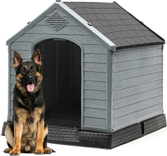 DWVO Spacious Plastic Dog Shelter, Weatherproof Outdoor/Indoor Doghouse, Puppy Kennel with Air Vents and Elevated Floor, 41.3''L*38''W*38.8''H, Black+Gray