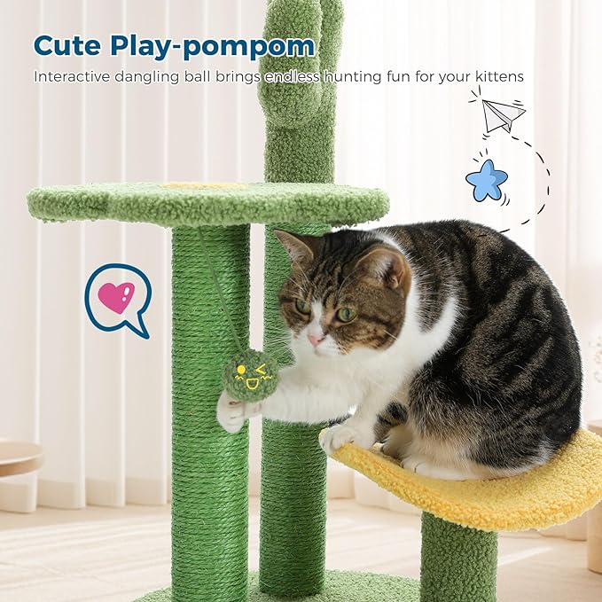 Made4Pets Cat Tree Cactus Cat Scratching Post 26” Cats Tree Tower for Indoor Cat Scratchers Kitty Tower with Flower Perch, Dangling Ball