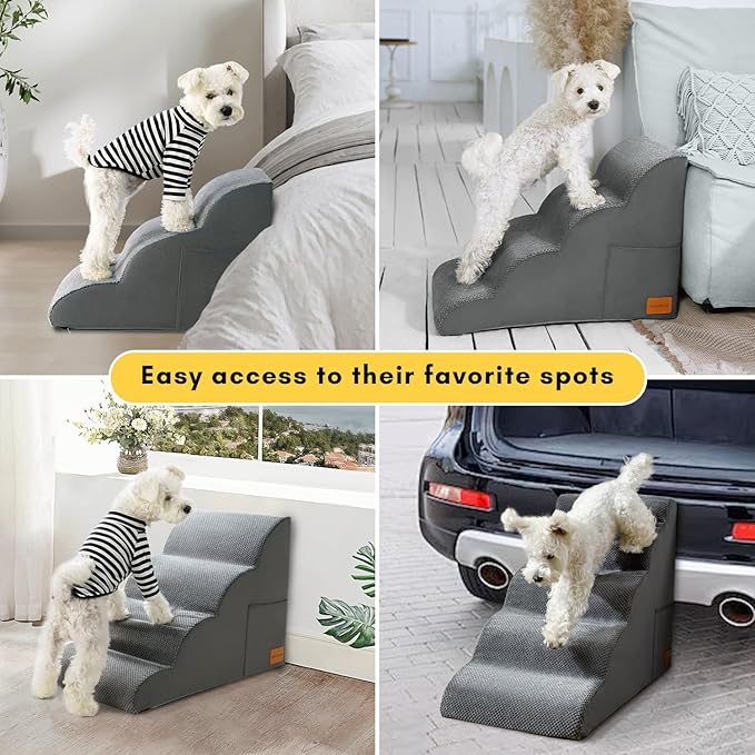Dog Stairs for Small Dogs, JYpawsiepal dog steps for High Bed and Couch, Pet Ramp with High Density Foam, Non-Slip Balanced Indoor Pet Stairs 5 Step Pet Steps Grey