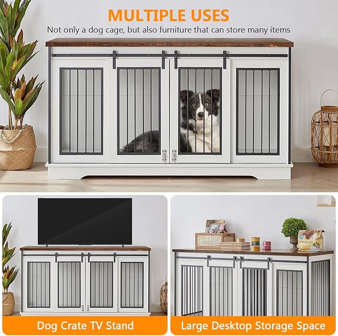 2-in-1 Double Dog Crate Furniture for 2 Dogs 60.6 Inch Pure White Sturdy Double Dog Kennel TV Stand with Divider and Sliding Doors