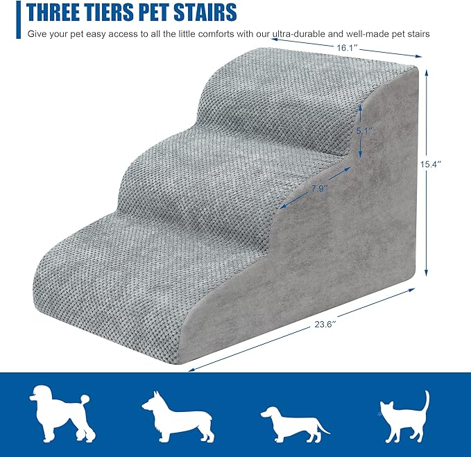 Dog Stairs for Small Dogs - High Density Foam Dog Ramp, Extra Wide Pet Steps with Non-Slip Bottom for High Beds, Couche and Sofa, Best for Dogs Injured, Older Dogs Cats (Grey, 3 Steps)