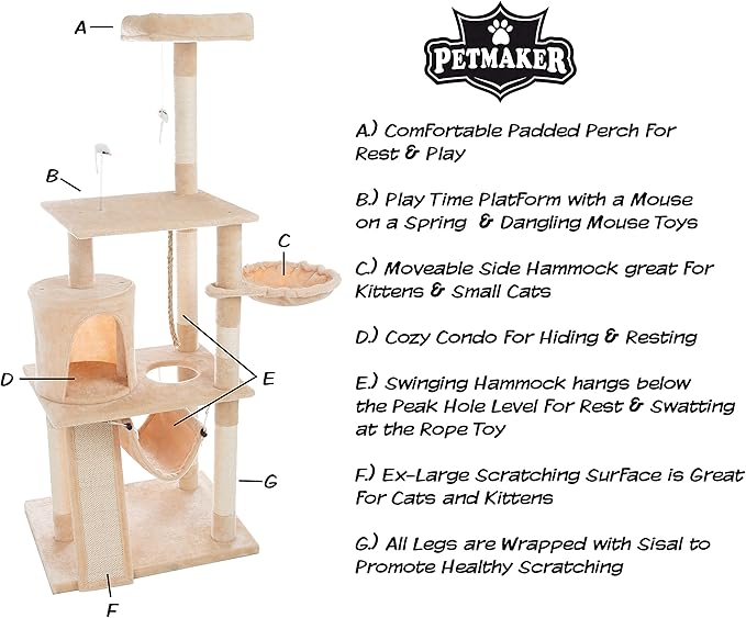 PETMAKER 4-Tier Deluxe Cat Tower - Large Scratching Board, 6 Scratch Posts, Napping Perches, Kitty Condo Hut, 2 Hammocks and Hanging Toys