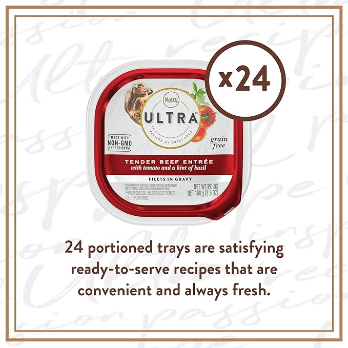 NUTRO ULTRA Grain Free Adult Wet Dog Food Filets in Gravy Tender Beef Entrée With Tomato and a Hint of Basil, 3.5 oz. Trays, Pack of 24