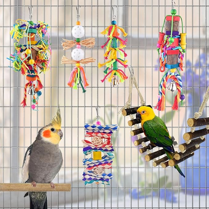 KATUMO Bird Toy Set, 7 PCS Small Bird Toys for Parrot, Including Wooden Ladder, Chewing Toys, Perch - Pet Activity Structure for Indoor, Outdoor, Climbing, Entertainment