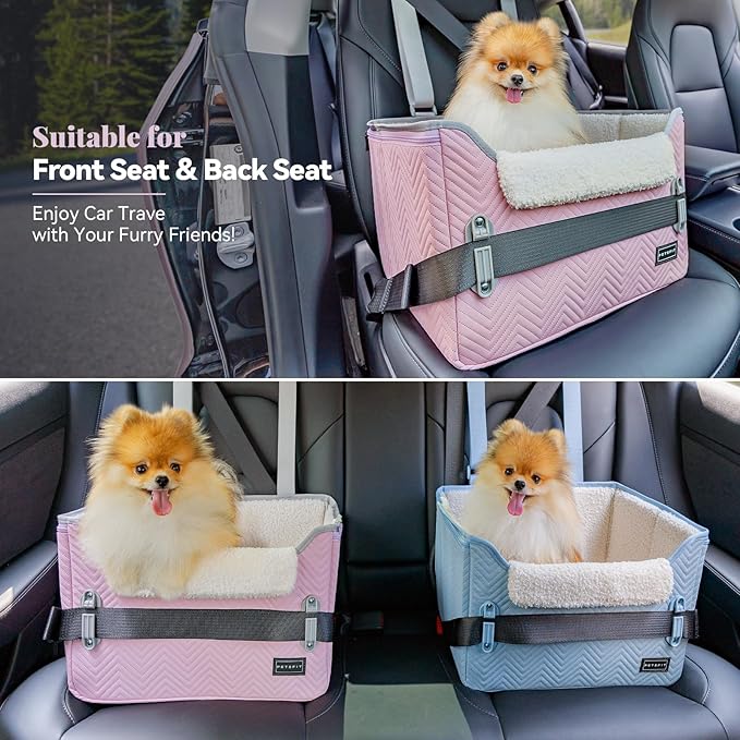 PETSFIT Dog Car Seats for Small Dogs, Portable Puppy Car Saet for Car with Clip-On Leash, Adjustable Straps Suitable for Small Pets Up to 25lbs (Light Pink)