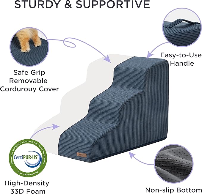 Lesure Dog Stairs for Small Dogs - Dog Ramp for Bed and Couch with CertiPUR-US Certified Foam, Pet Steps with Non-Slip Bottom for Old Cats, Injured Doggies and Puppies, Navy, 2 Steps