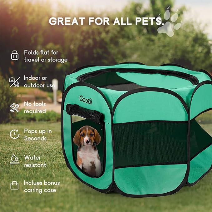 Portable Pop Up Large Pet Puppy Dog Playpen Indoor, Collapsible Cat Kitten Crate Cage Kennel Enclosed, Foldable Cat Play Pen Tent with Bottom Roof Cover for Car Travel Camping - Green