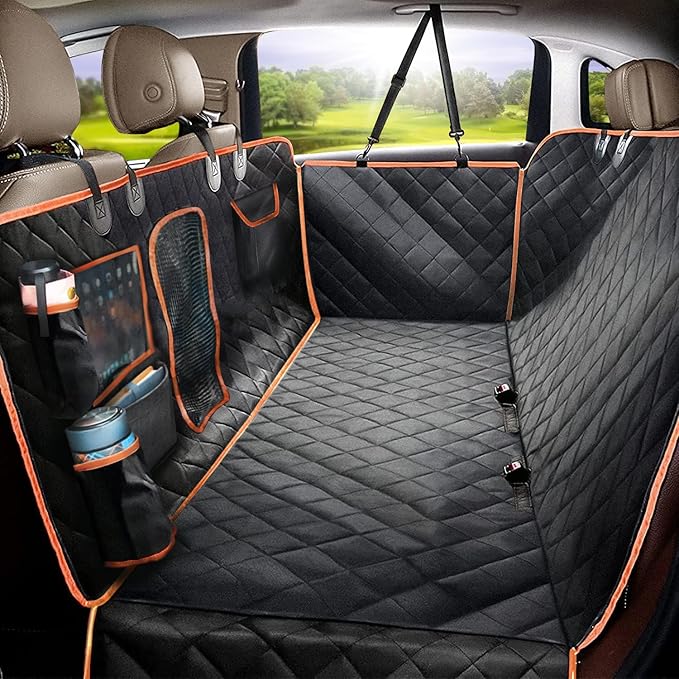 Dog Car Seat Cover for Back Seat for XL Cars, SUVs & Trucks, 100% Waterproof Non-Slip Dog Hammock for car, 600D Heavy Duty Scratch Proof Durable pet car Rear seat Cover w/Mesh Window, Storage Pockets