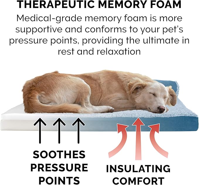 Furhaven Memory Foam Dog Bed for Large Dogs w/ Removable Bolsters & Washable Cover, For Dogs Up to 95 lbs - Two-Tone Plush Faux Fur & Suede L Shaped Chaise - Marine Blue, Jumbo/XL